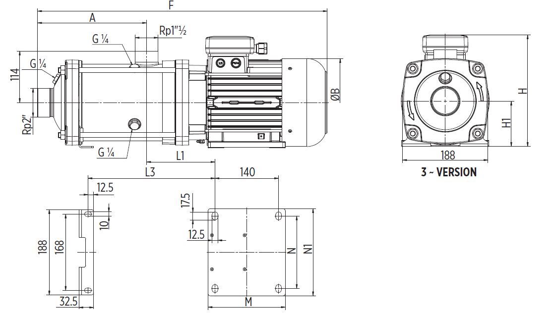 EH15 Horizontal multistage pump Dimensions three phase